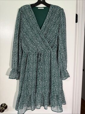 Kirundo size L Emerald Green and White Printed Wrap Midi Dress with Tie Waist